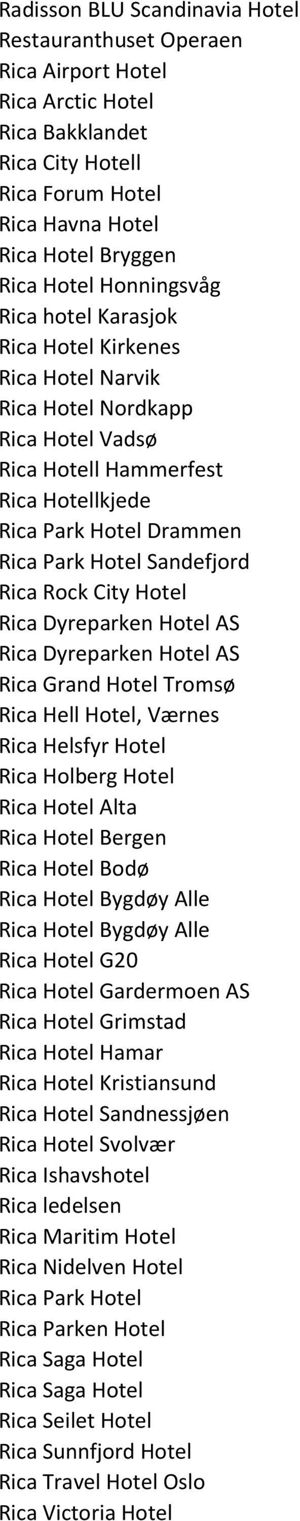 Rica Rock City Hotel Rica Dyreparken Hotel AS Rica Dyreparken Hotel AS Rica Grand Hotel Tromsø Rica Hell Hotel, Værnes Rica Helsfyr Hotel Rica Holberg Hotel Rica Hotel Alta Rica Hotel Bergen Rica