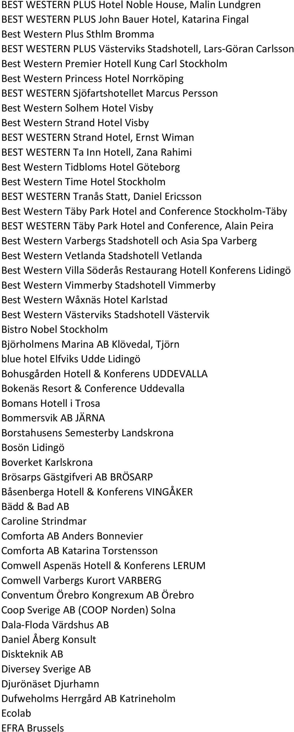 BEST WESTERN Strand Hotel, Ernst Wiman BEST WESTERN Ta Inn Hotell, Zana Rahimi Best Western Tidbloms Hotel Göteborg Best Western Time Hotel Stockholm BEST WESTERN Tranås Statt, Daniel Ericsson Best