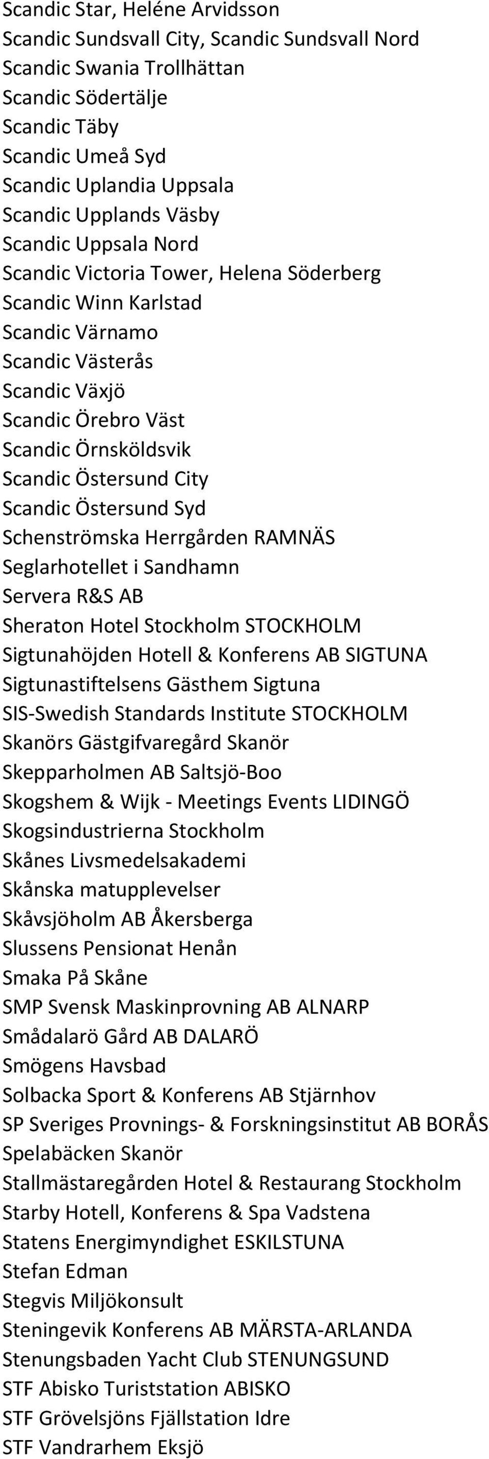 City Scandic Östersund Syd Schenströmska Herrgården RAMNÄS Seglarhotellet i Sandhamn Servera R&S AB Sheraton Hotel Stockholm STOCKHOLM Sigtunahöjden Hotell & Konferens AB SIGTUNA Sigtunastiftelsens