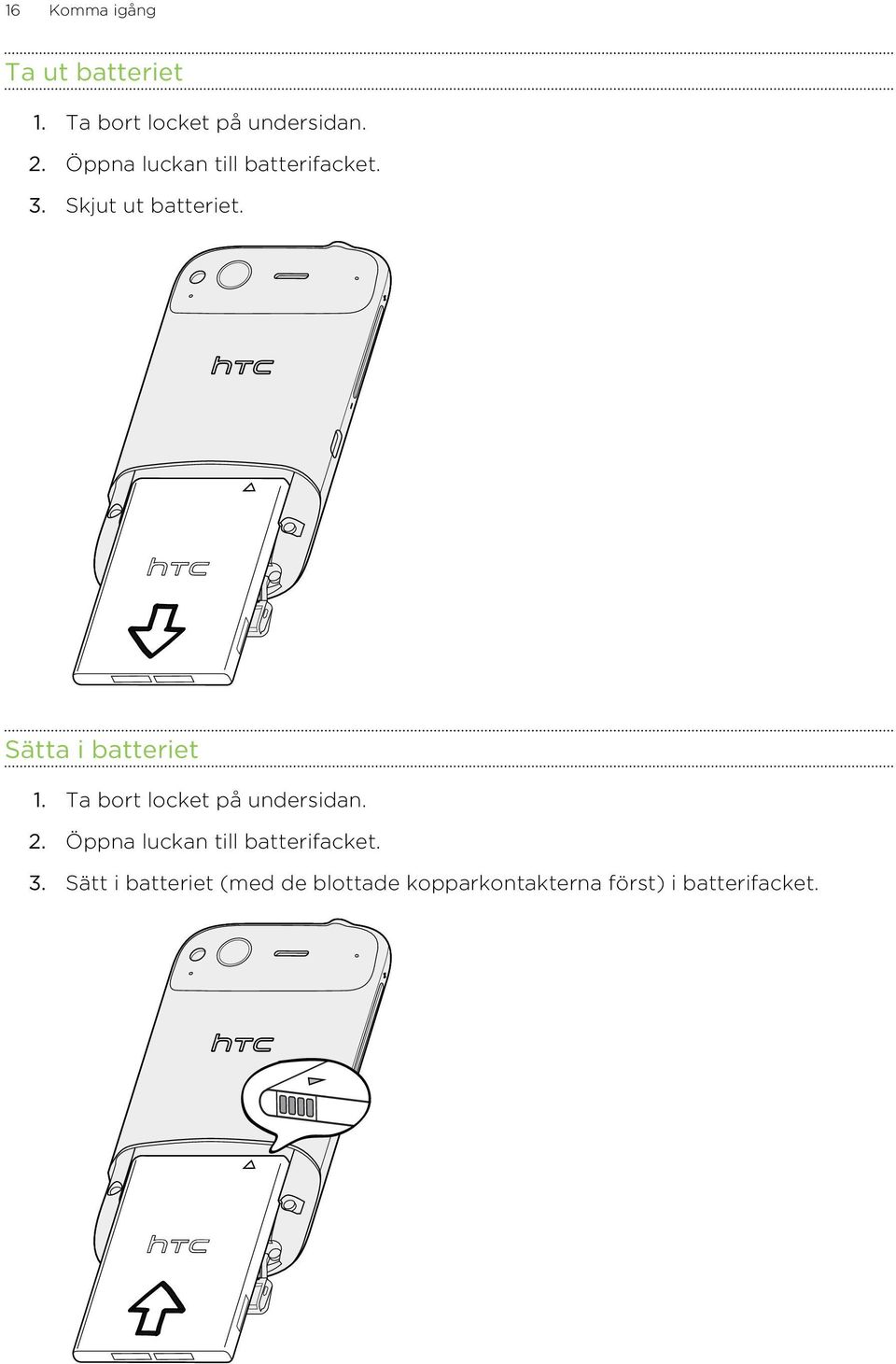 Sätta i batteriet 1. Ta bort locket på undersidan. 2.