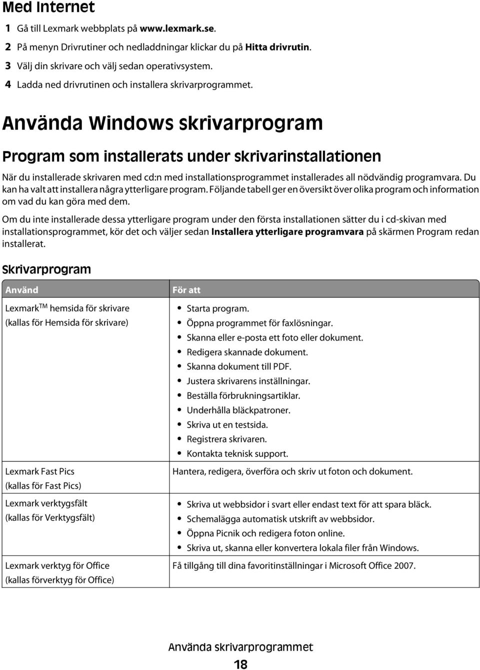 Använda Windows skrivarprogram Program som installerats under skrivarinstallationen När du installerade skrivaren med cd:n med installationsprogrammet installerades all nödvändig programvara.