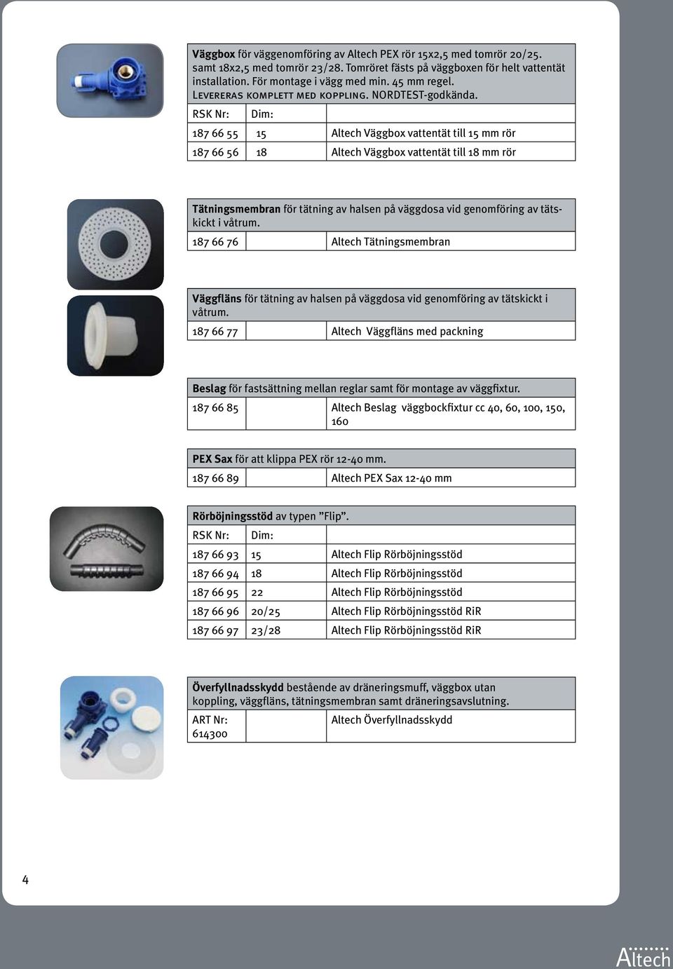 RSK Nr: Dim: 187 66 55 15 Altech Väggbox vattentät till 15 mm rör 187 66 56 18 Altech Väggbox vattentät till 18 mm rör Tätningsmembran för tätning av halsen på väggdosa vid genomföring av tätskickt i