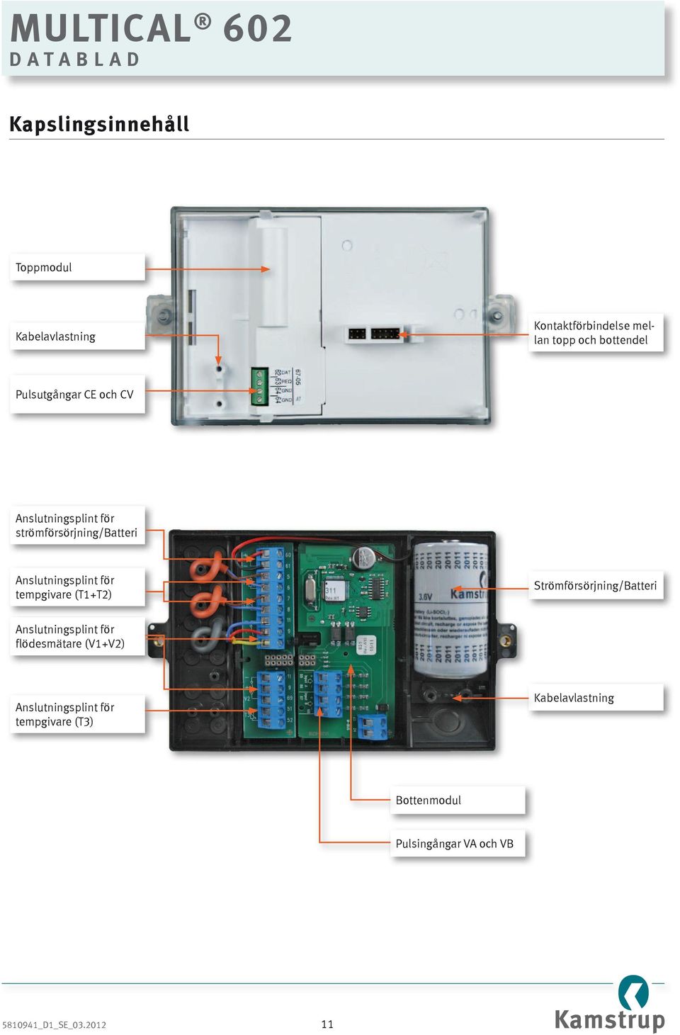 tempgivare (T1+T2) Strömförsörjning/Batteri Anslutningsplint för flödesmätare (V1+V2)