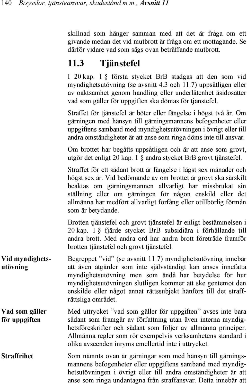 Se därför vidare vad som sägs ovan beträffande mutbrott. 11.3 Tjänstefel I 20 kap. 1 första stycket BrB stadgas att den som vid myndighetsutövning (se avsnitt 4.3 och 11.