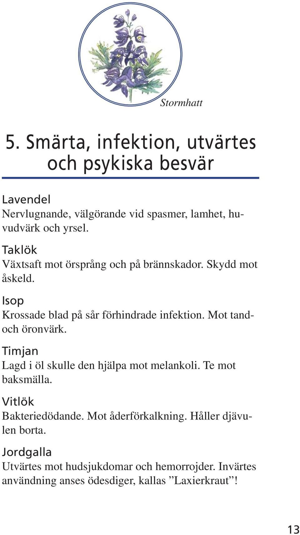 Taklök Växtsaft mot örsprång och på brännskador. Skydd mot åskeld. Isop Krossade blad på sår förhindrade infektion.