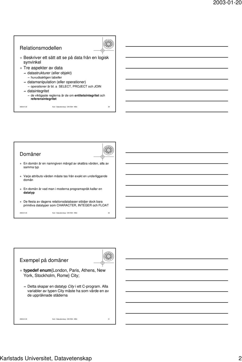 a SELECT, PROJECT och JOIN dataintegritet de viktigaste reglerna är de om entitetsintegritet och referensintegritet 2003-01-20 KaU - Datavetenskap - DAV B04 - MGö 29 Domäner En domän är en namngiven