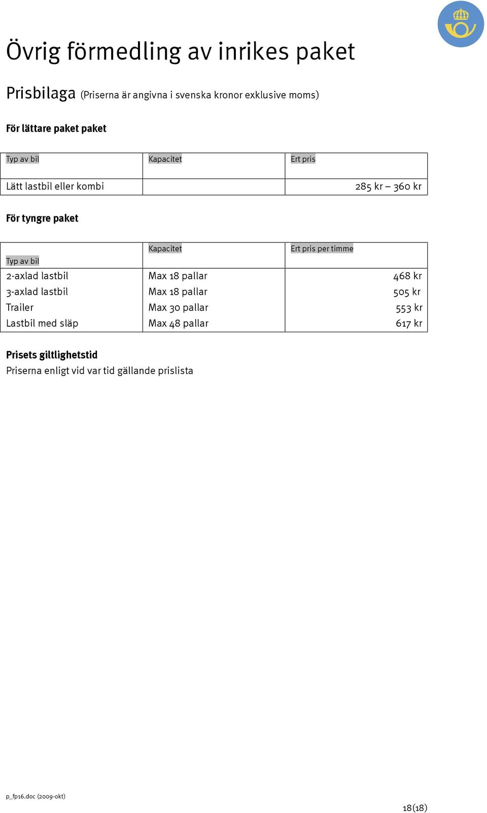 pris per timme 468 kr 3-axlad lastbil Max 18 pallar 505 kr Trailer Max 30 pallar 553 kr Lastbil med