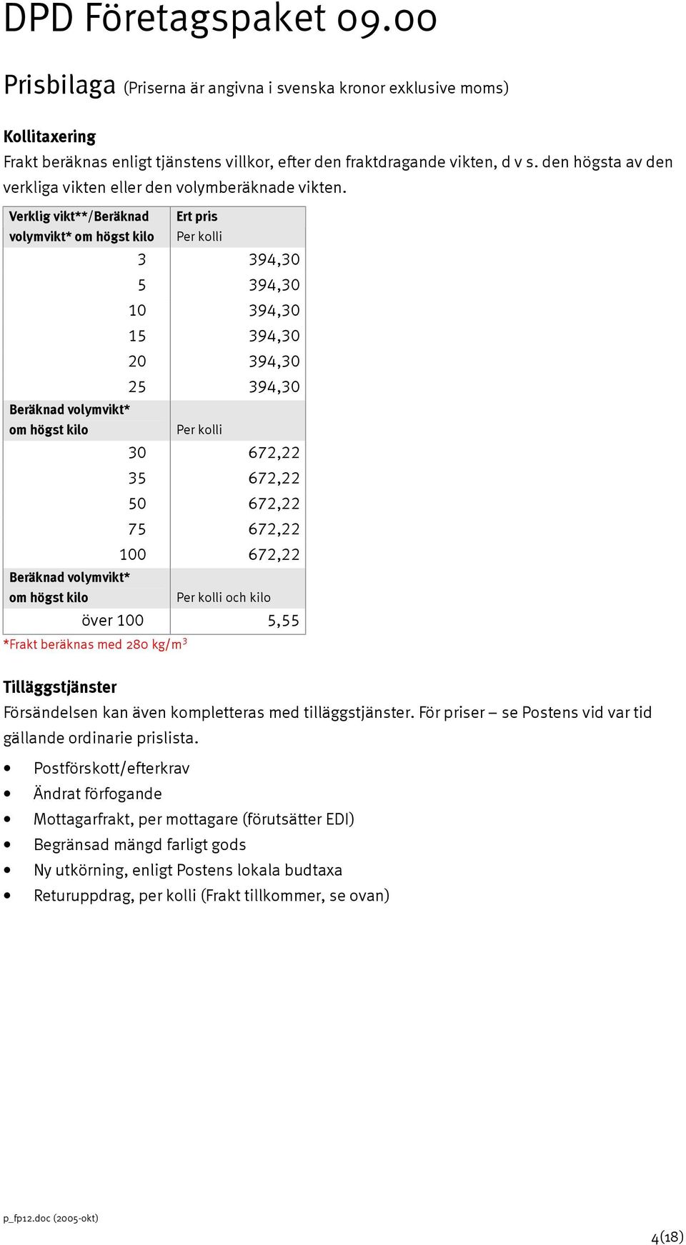 75 672,22 100 672,22 Beräknad volymvikt* om högst kilo Per kolli och kilo över 100 5,55 *Frakt beräknas med 280 kg/m 3 Tilläggstjänster Försändelsen kan även kompletteras med tilläggstjänster.