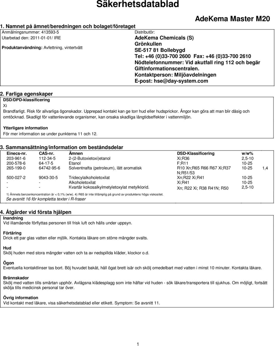 81 Bollebygd Tel: +46 (0)33700 2600 Fax: +46 (0)33700 2610 Nödtelefonnummer: Vid akutfall ring 112 och begär Giftinformationscentralen. Kontaktperson: Miljöavdelningen Epost: hse@daysystem.com 2.