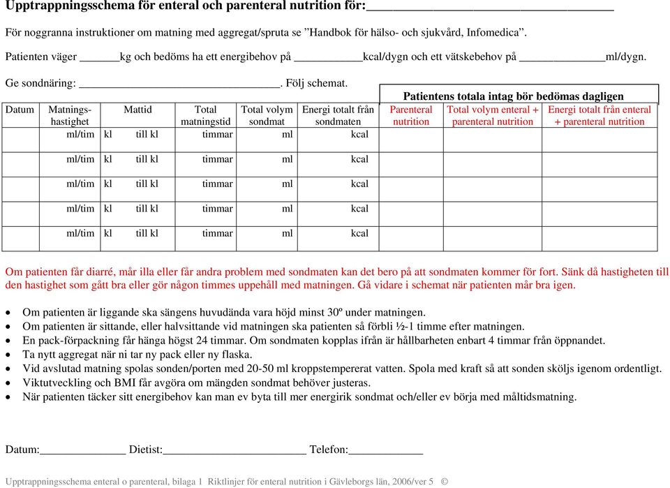 ml/tim kl till kl Total matningstid Total volym sondmat Energi totalt från sondmaten timmar ml kcal timmar ml kcal timmar ml kcal timmar ml kcal timmar ml kcal Patientens totala intag bör bedömas