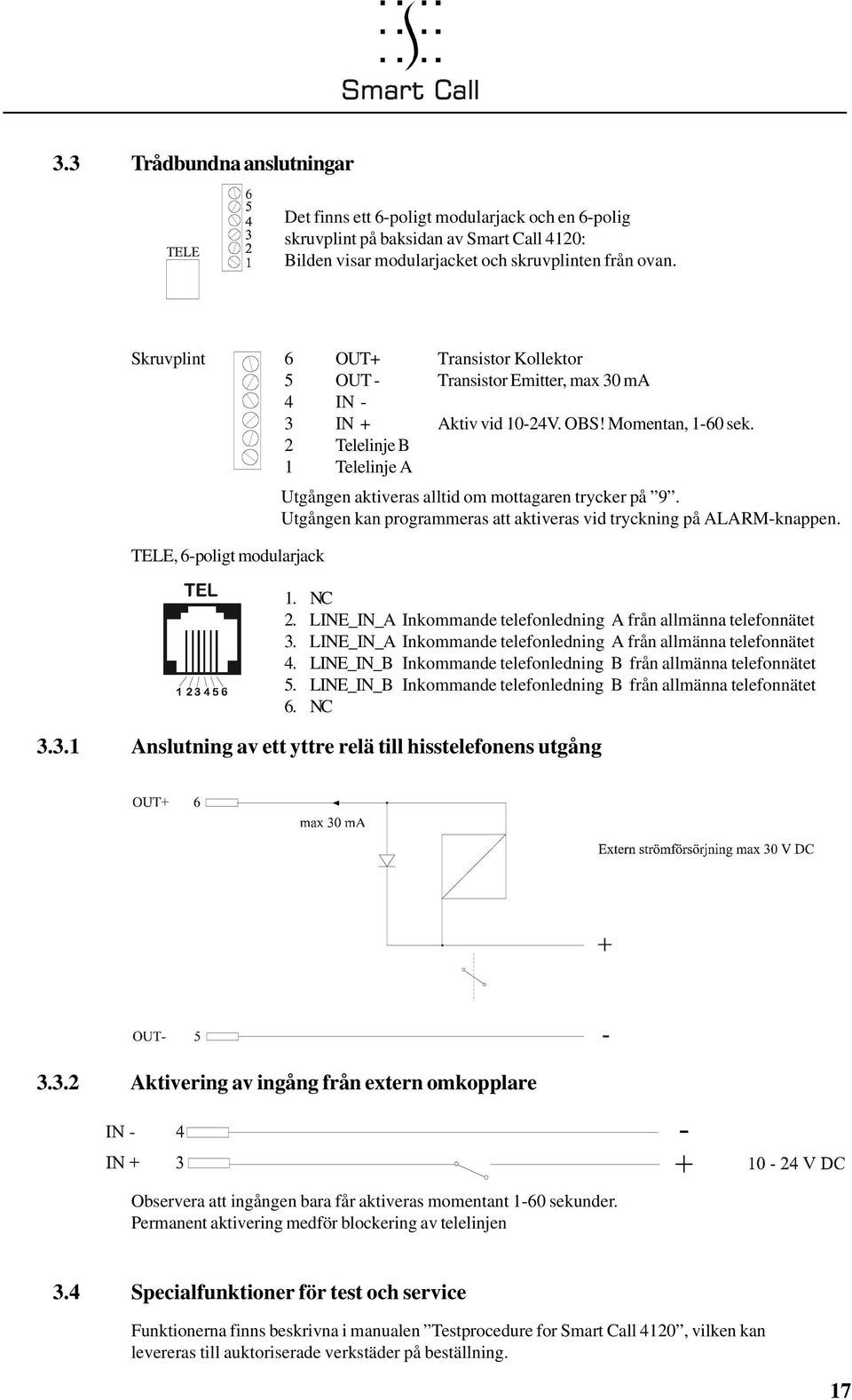 2 Telelinje B 1 Telelinje A Utgången aktiveras alltid om mottagaren trycker på 9. Utgången kan programmeras att aktiveras vid tryckning på ALARM-knappen. TELE, 6-poligt modularjack 1. NC 2.