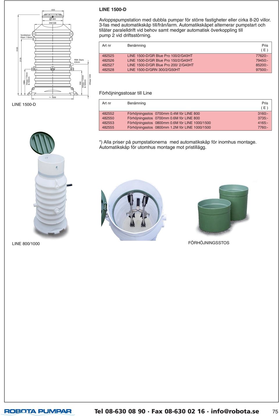 DN1500 2135 3120 Diam Benämning 485 486 487 488 Pris (E) 1500-D/GR Blue Pro 100/2/G40HT 1500-D/GR Blue Pro 150/2/G40HT 1500-D/GR Blue Pro / 2/G40HT 1500-D/GRN 300/2/G50HT 77620:79450:85:97500:-