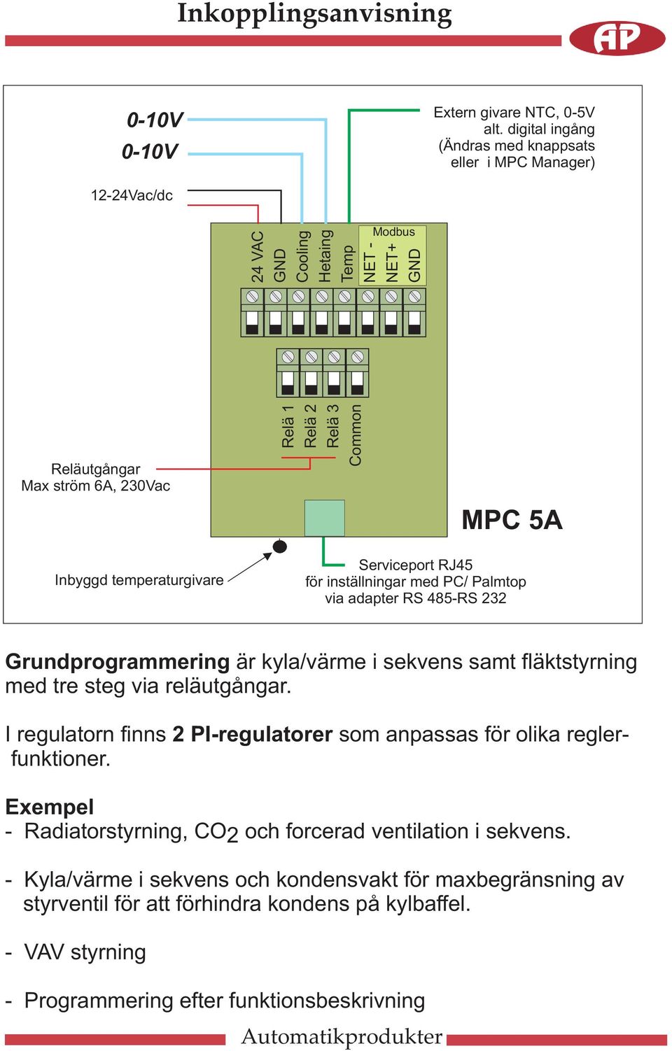 temperaturgivare Serviceport RJ45 för inställningar med PC/ Palmtop via adapter RS 485-RS 232 Grundprogrammering är kyla/värme i sekvens samt fläktstyrning med tre steg via