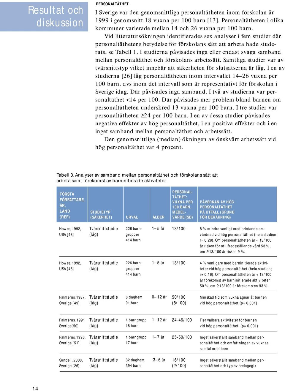 Vid litteratursökningen identifierades sex analyser i fem studier där personaltäthetens betydelse för förskolans sätt att arbeta hade studerats, se Tabell 1.