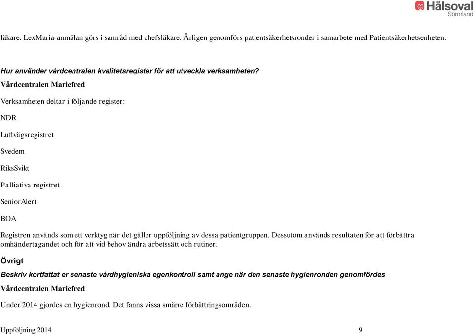 Verksamheten deltar i följande register: NDR Luftvägsregistret Svedem RiksSvikt Palliativa registret SeniorAlert BOA Registren används som ett verktyg när det gäller uppföljning av