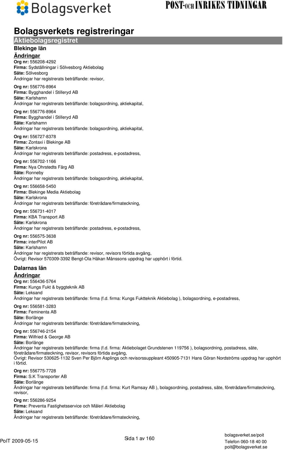 beträffande: bolagsordning, aktiekapital, Org nr: 556727-8378 Firma: Zontaxi i Blekinge AB Säte: Karlskrona e-postadress, Org nr: 556702-1166 Firma: Nya Ohrstedts Färg AB Säte: Ronneby Ändringar har