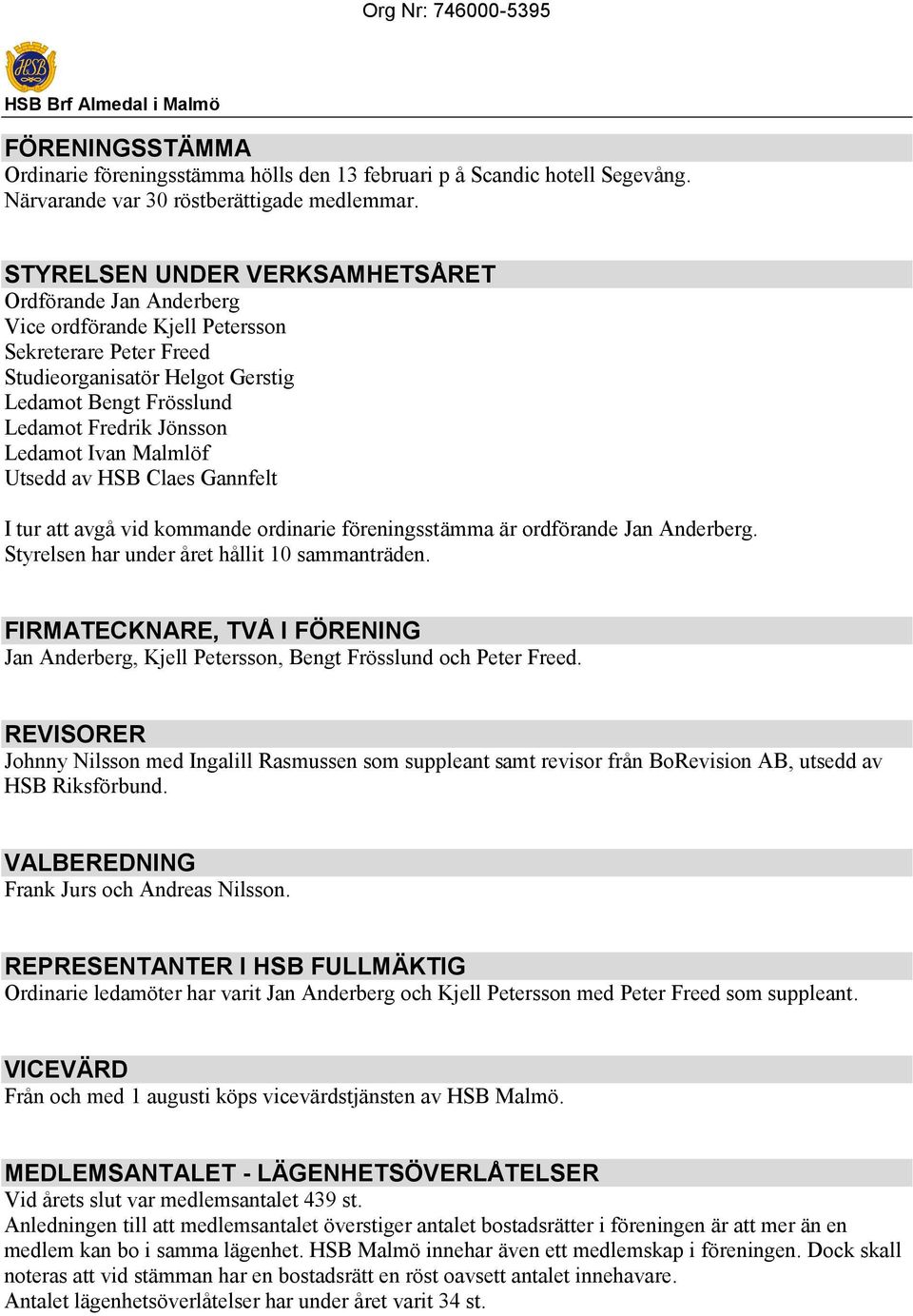 Ledamot Ivan Malmlöf Utsedd av HSB Claes Gannfelt I tur att avgå vid kommande ordinarie föreningsstämma är ordförande Jan Anderberg. Styrelsen har under året hållit 10 sammanträden.