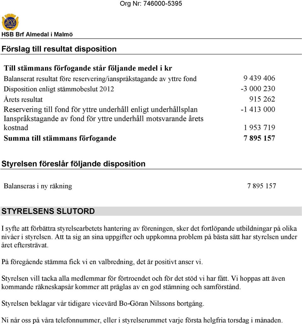 kostnad 1 953 719 Summa till stämmans förfogande 7 895 157 Styrelsen föreslår följande disposition Balanseras i ny räkning 7 895 157 STYRELSENS SLUTORD I syfte att förbättra styrelsearbetets