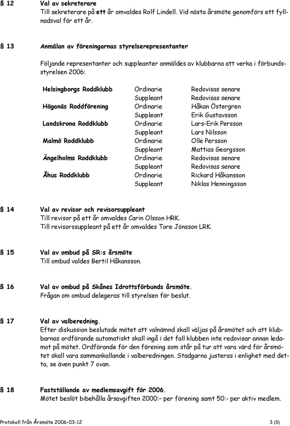 Suppleant Redovisas senare Höganäs Roddförening Ordinarie Håkan Östergren Suppleant Erik Gustavsson Landskrona Roddklubb Ordinarie Lars-Erik Persson Suppleant Lars Nilsson Malmö Roddklubb Ordinarie