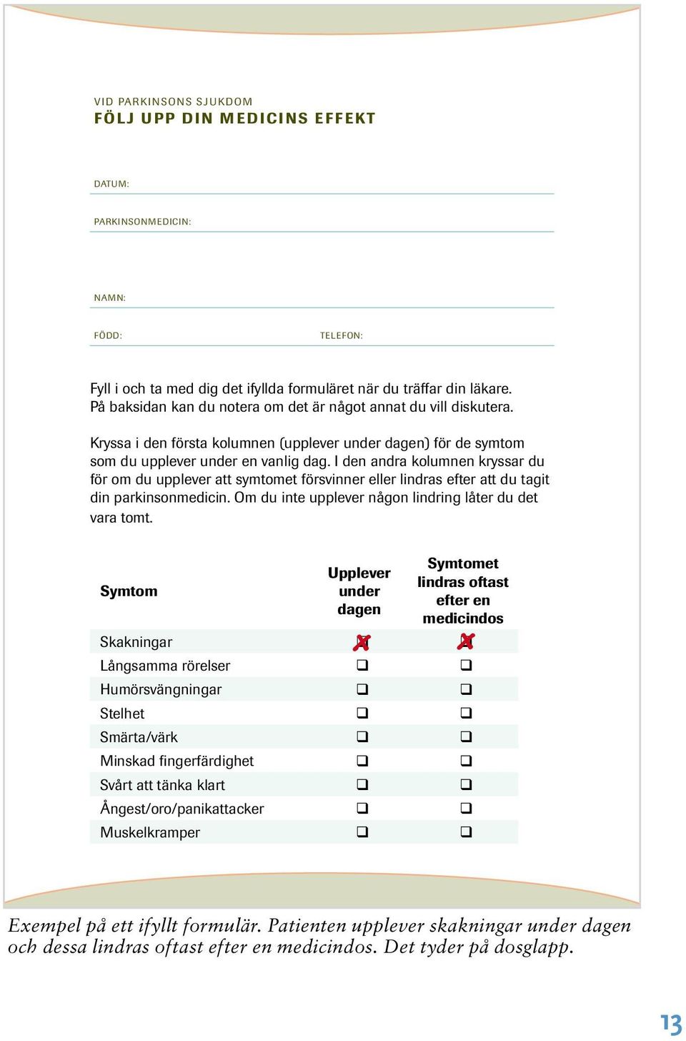 I den andra kolumnen kryssar du för om du upplever att symtomet försvinner eller lindras efter att du tagit din parkinsonmedicin. Om du inte upplever någon lindring låter du det vara tomt.