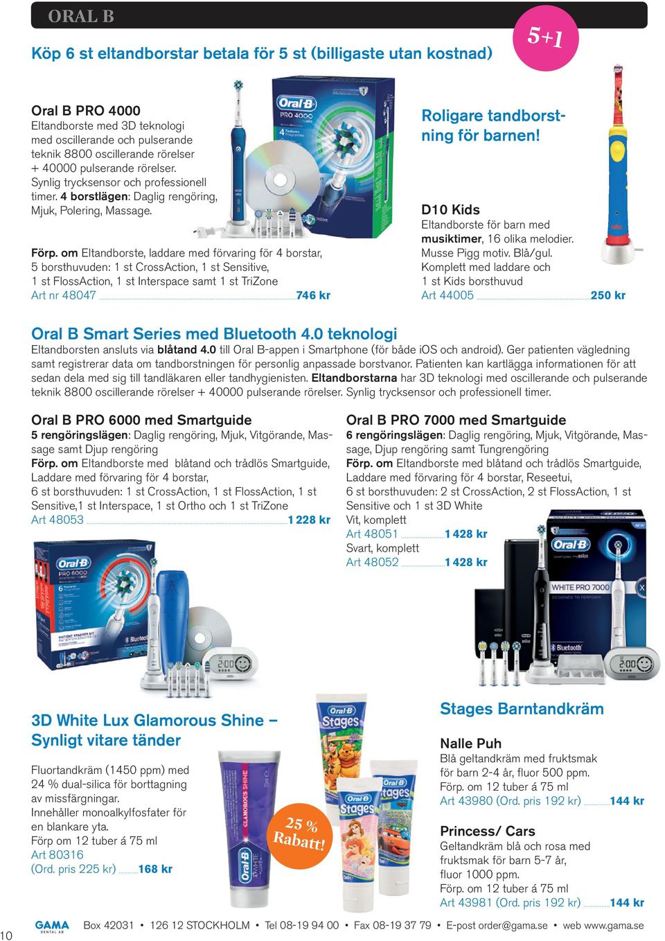 om Eltandborste, laddare med förvaring för 4 borstar, 5 borsthuvuden: 1 st CrossAction, 1 st Sensitive, 1 st FlossAction, 1 st Interspace samt 1 st TriZone Art nr 48047 746 kr Roligare tandborstning