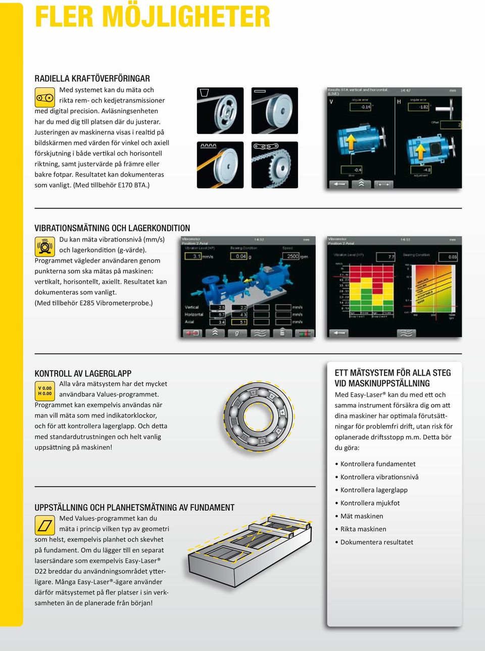 Resultatet kan dokumenteras som vanligt. (Med tillbehör E170 BTA.) vibrationsmätning OCH LAGERKONDITION Du kan mäta vibrationsnivå (mm/s) och lagerkondition (g-värde).