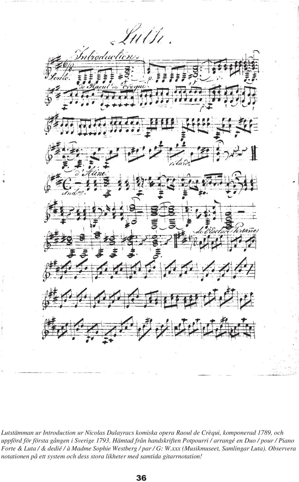 Hämtad från handskriften Potpourri / arrangé en Duo / pour / Piano Forte & Luta / & dedié / à
