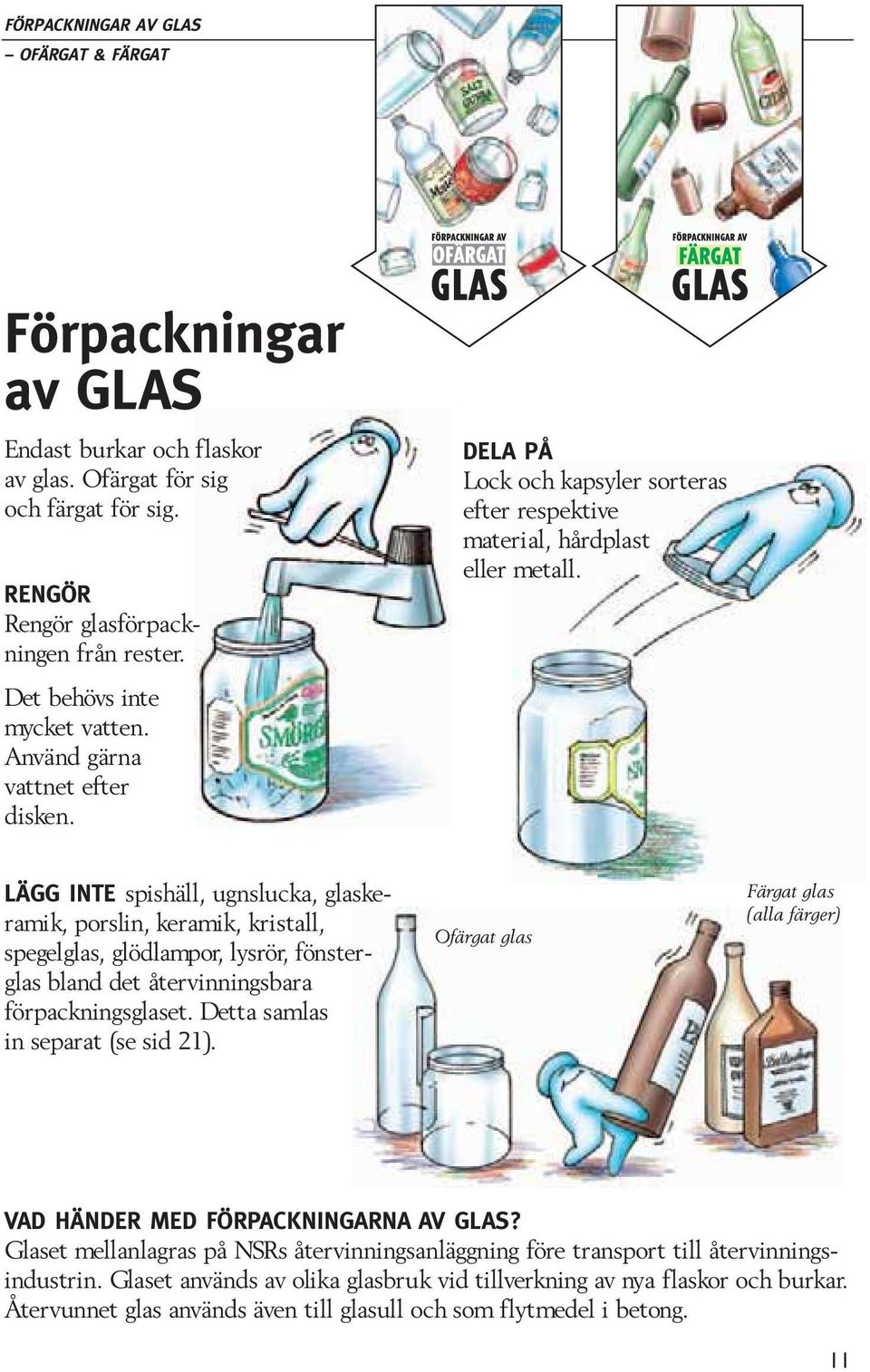 LÄGG INTE spishäll, ugnslucka, glaskeramik, porslin, keramik, kristall, spegelglas, glödlampor, lysrör, fönsterglas bland det återvinningsbara förpackningsglaset. Detta samlas in separat (se sid 21).