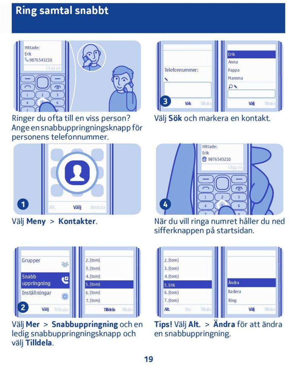 När du vill ringa numret håller du ned sifferknappen på startsidan. Grupper. (tom). (tom) 3. (tom) 3. (tom) Snabb 4. (tom) 4.(tom) uppringning 5. (tom) 5.