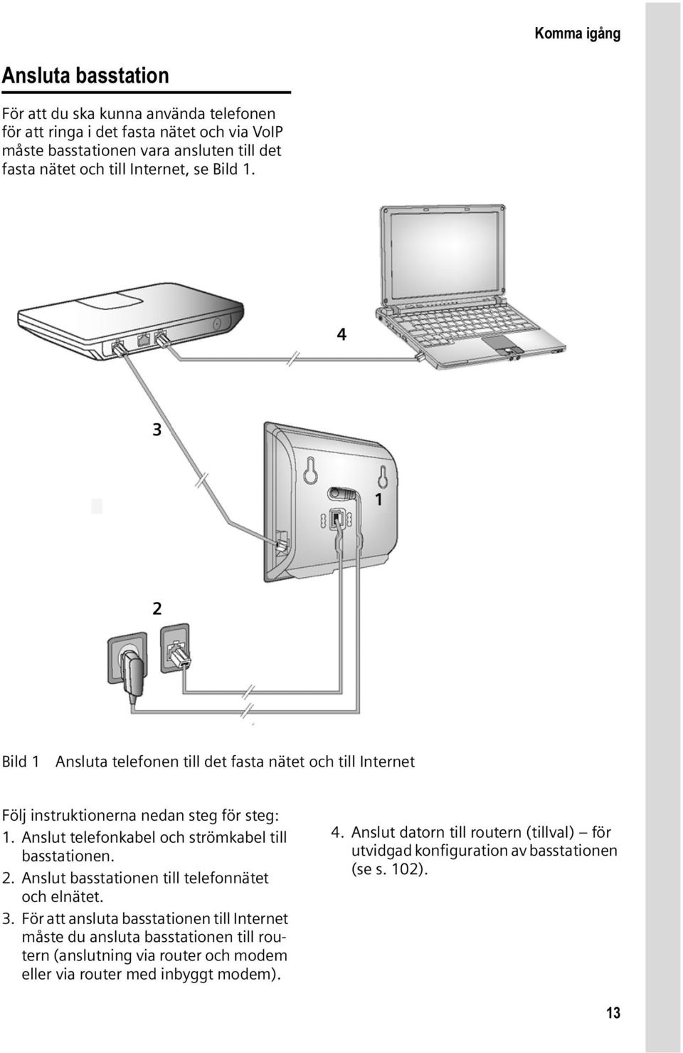 Anslut telefonkabel och strömkabel till basstationen. 2. Anslut basstationen till telefonnätet och elnätet. 3.