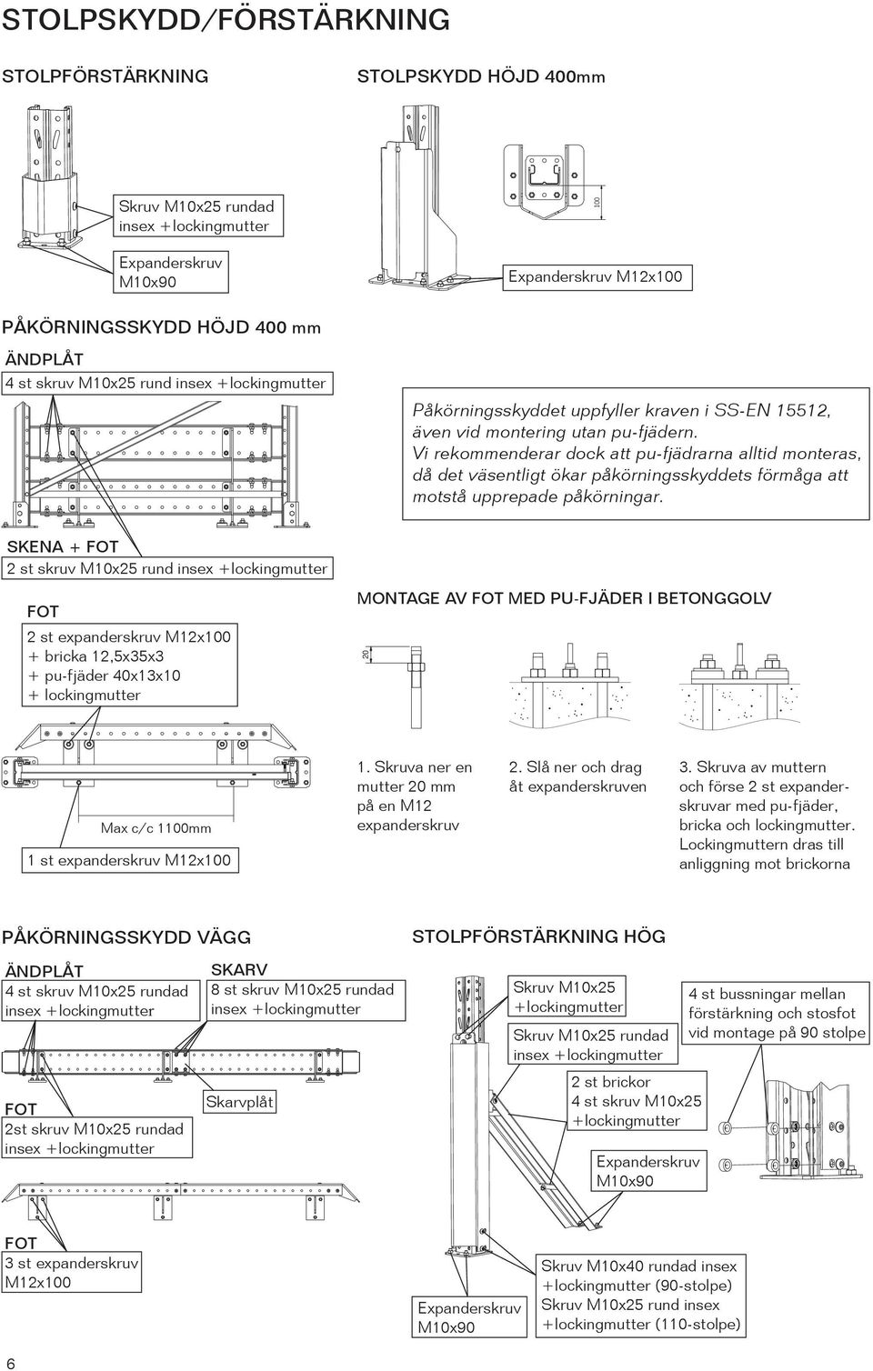 Vi rekommenderar dock att pu-fjädrarna alltid monteras, då det väsentligt ökar påkörningsskyddets förmåga att motstå upprepade påkörningar.