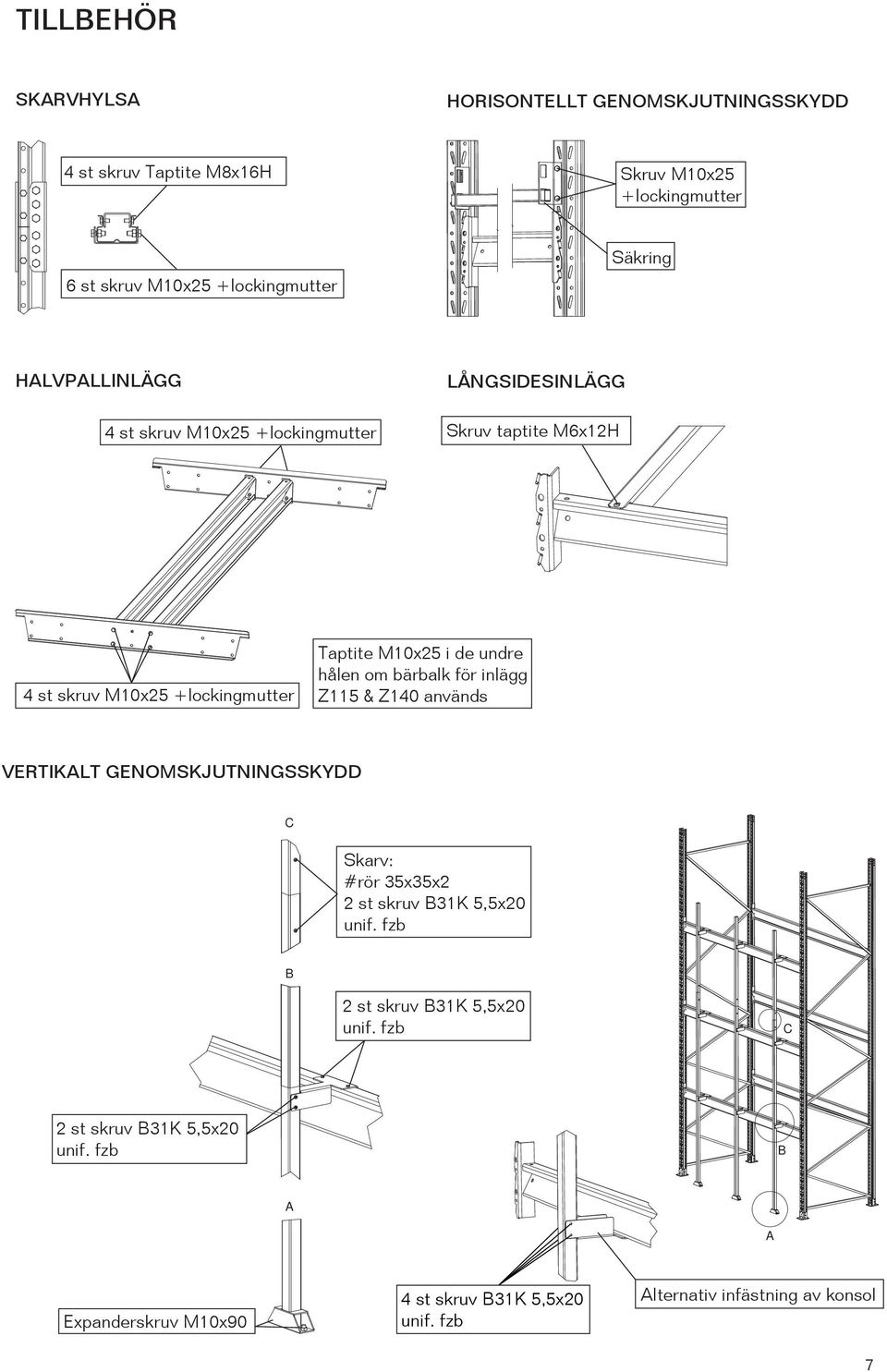 för inlägg Z5 & Z4 används VERTIKALT GENOMSKJUTNINGSSKYDD C Skarv: #rör 5x5x st skruv BK 5,5x unif.