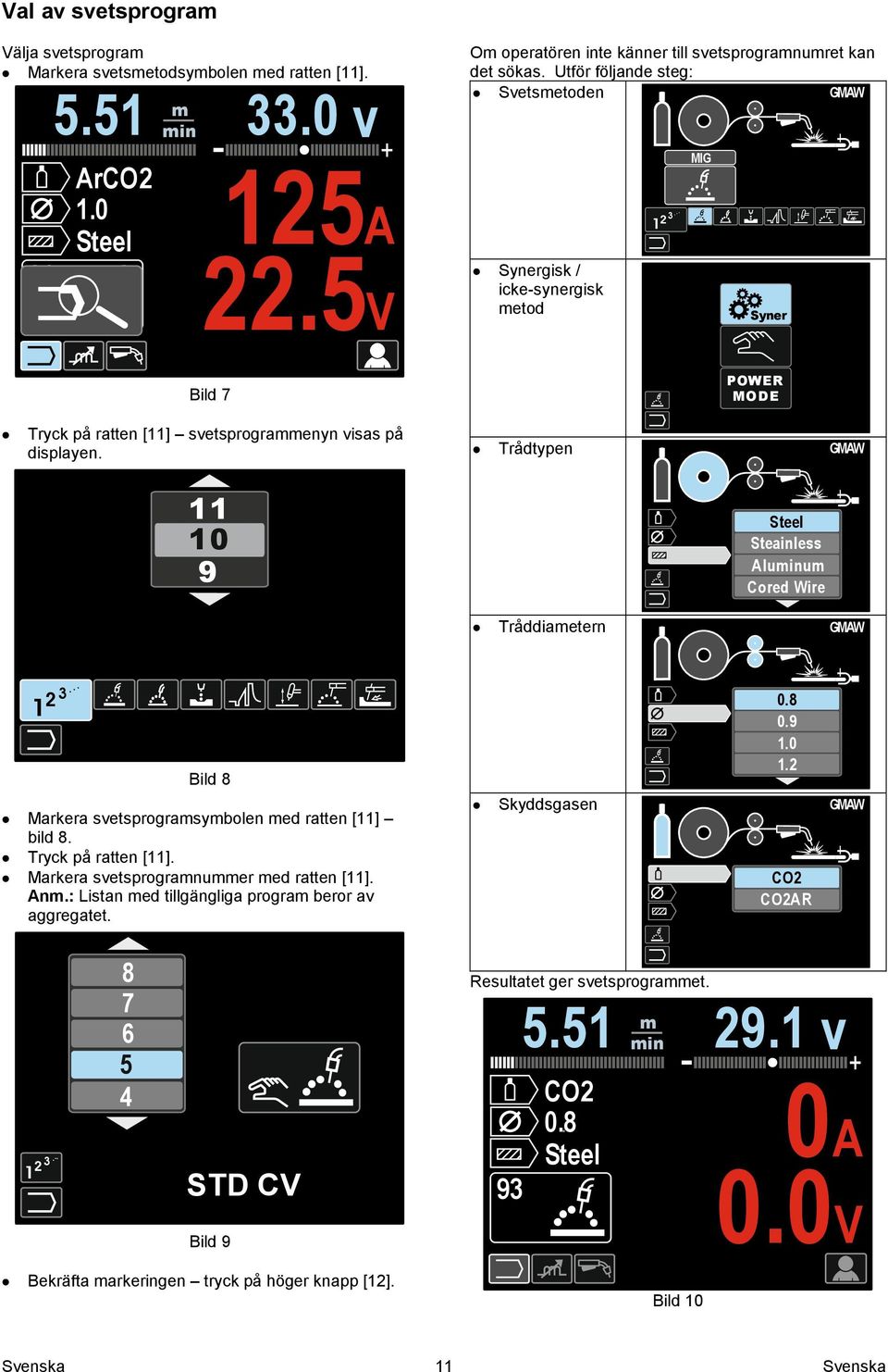 Trådtypen GW 11 10 9 Steel Steainless luminum Cored Wire Tråddiametern GW 1 2 3... Bild 8 arkera svetsprogramsymbolen med ratten [11] bild 8. Tryck på ratten [11].