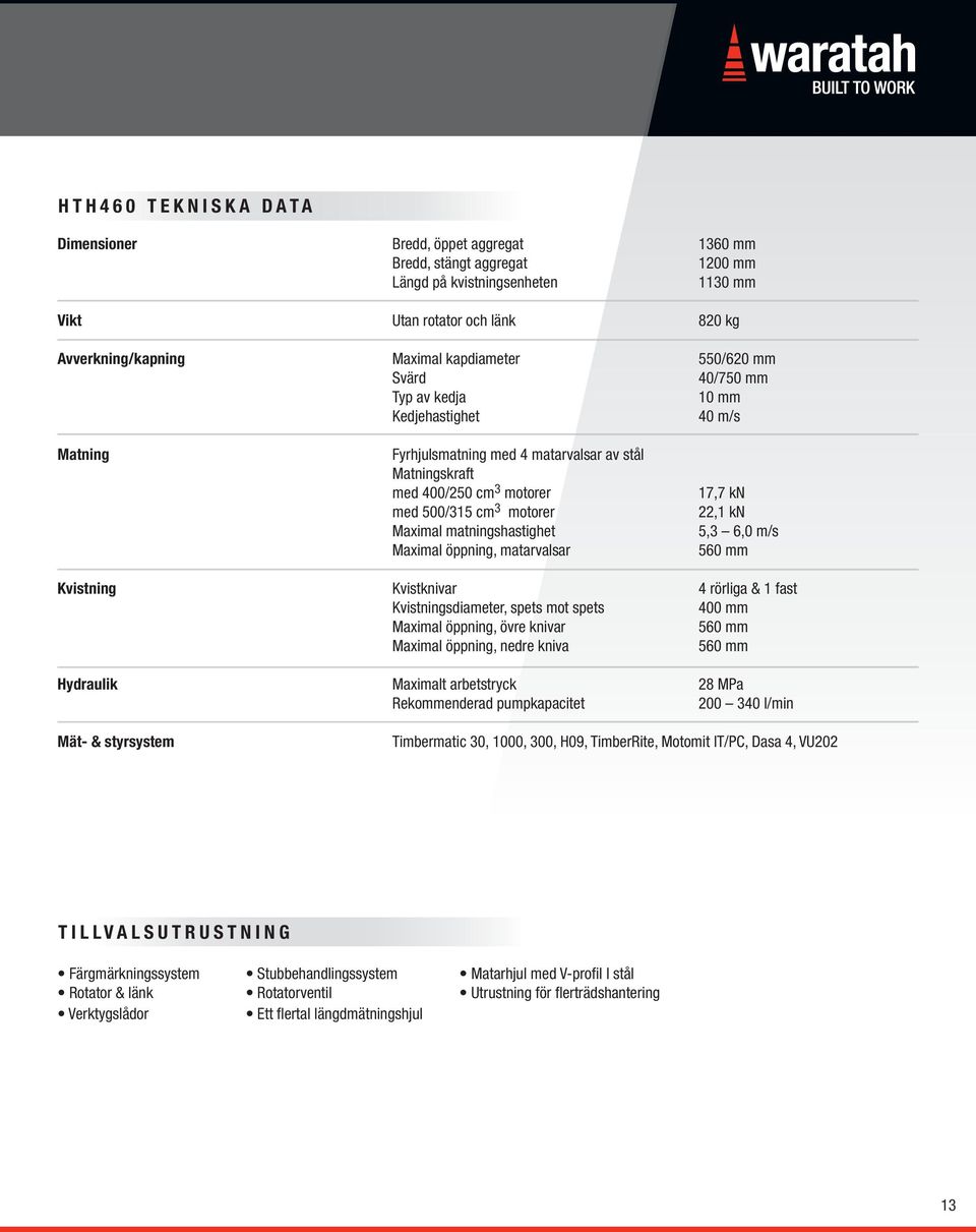 Maximal matningshastighet Maximal öppning, matarvalsar 17,7 kn 22,1 kn 5,3 6,0 m/s 560 mm Kvistning Kvistknivar 4 rörliga & 1 fast Kvistningsdiameter, spets mot spets 400 mm Maximal öppning, övre