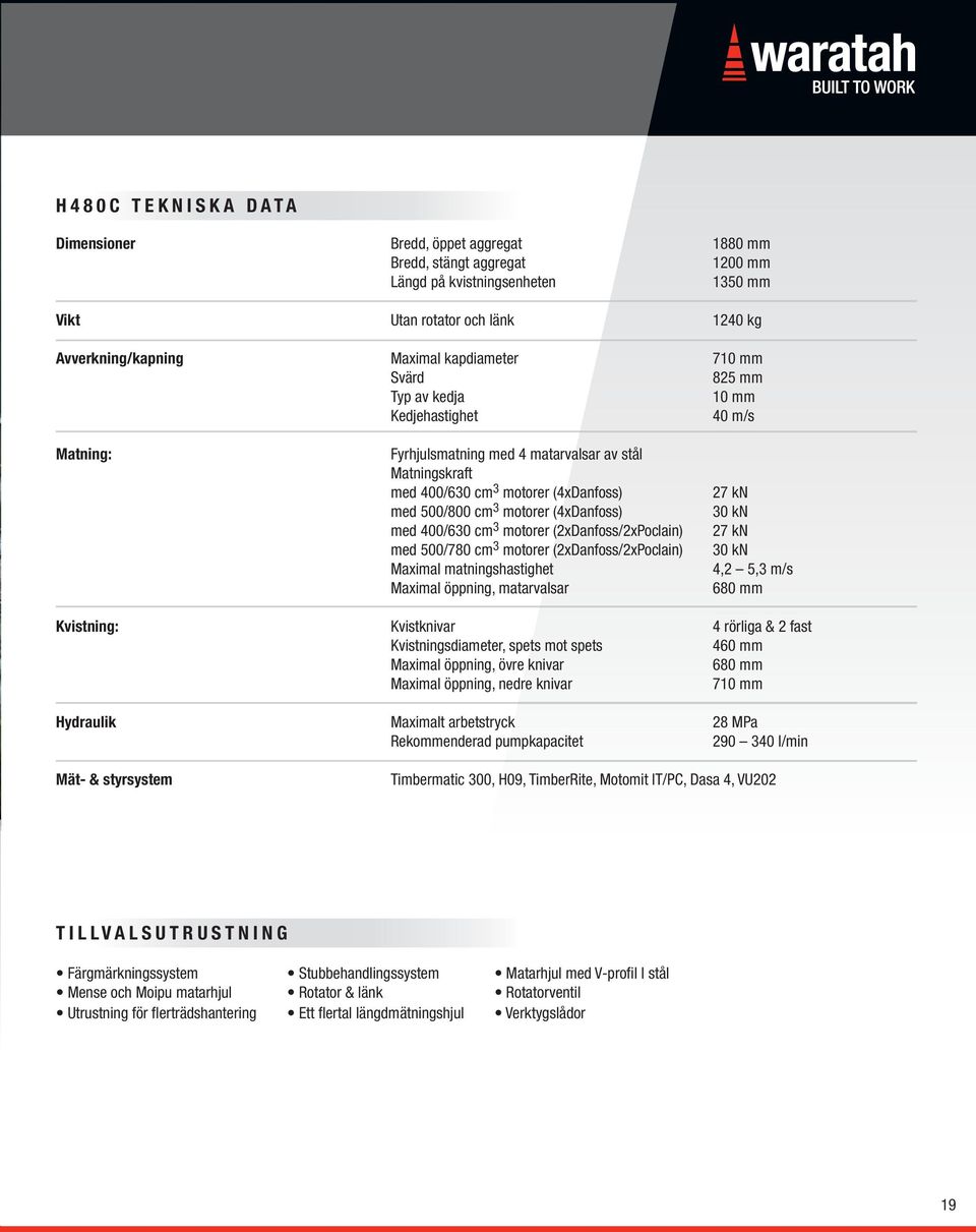 (4xDanfoss) med 400/630 cm 3 motorer (2xDanfoss/2xPoclain) med 500/780 cm 3 motorer (2xDanfoss/2xPoclain) Maximal matningshastighet Maximal öppning, matarvalsar 27 kn 30 kn 27 kn 30 kn 4,2 5,3 m/s