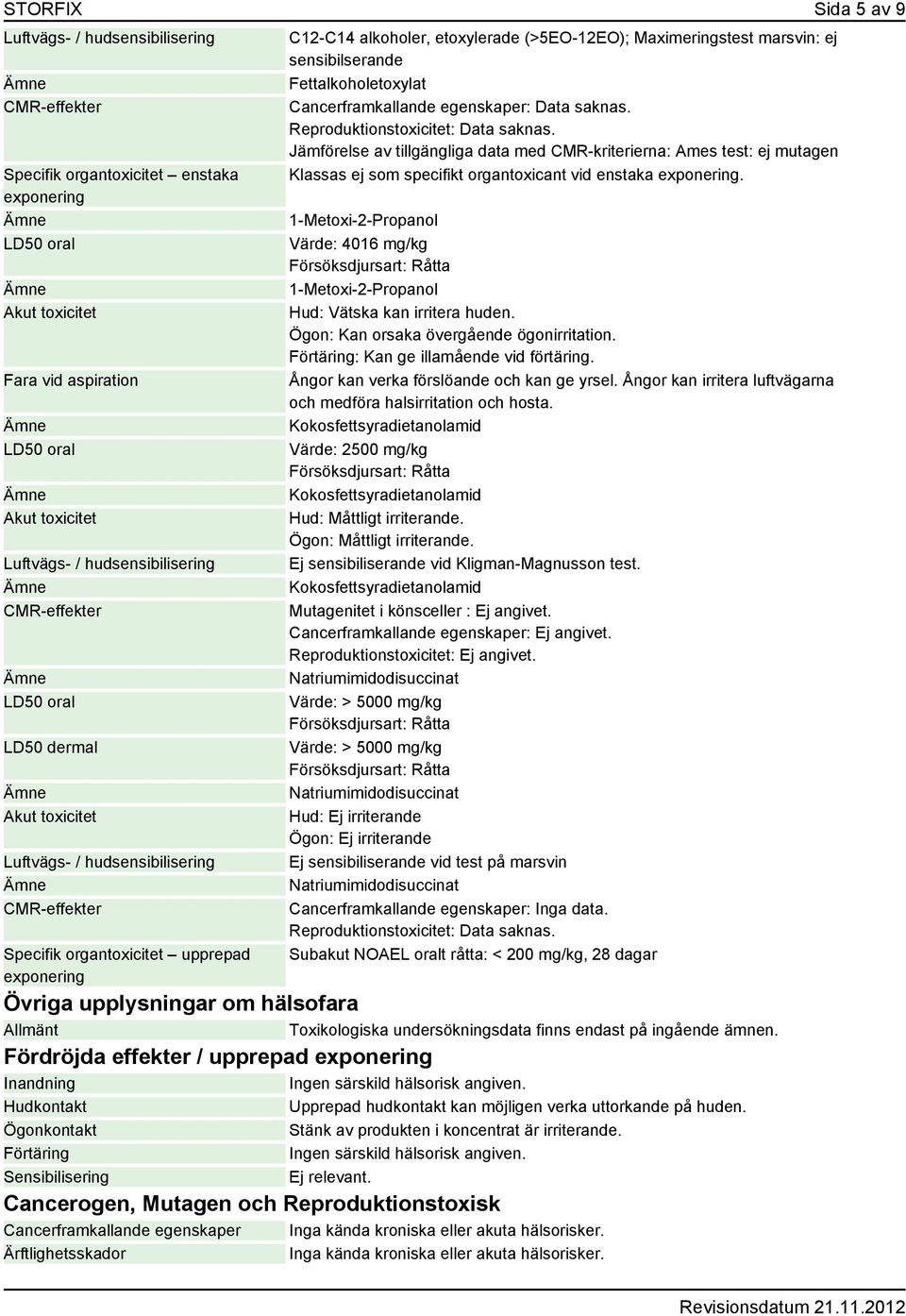 (>5EO-12EO); Maximeringstest marsvin: ej sensibilserande Fettalkoholetoxylat Cancerframkallande egenskaper: Data saknas. Reproduktionstoxicitet: Data saknas.