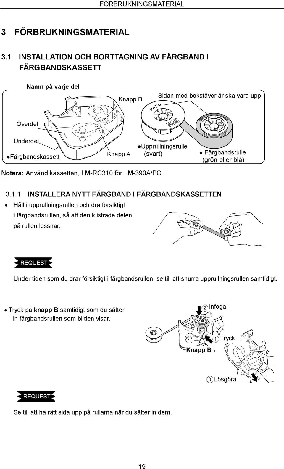 (svart) Färgbandsrulle (grön eller blå) Notera: Använd kassetten, LM-RC310