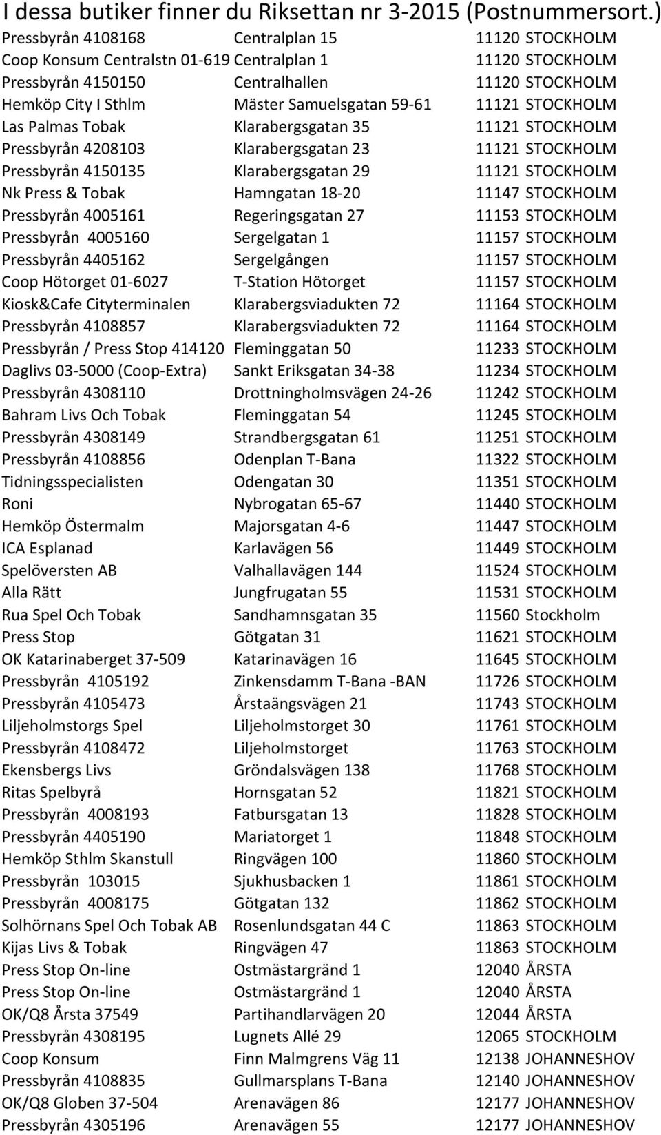 Samuelsgatan 59-61 11121 STOCKHOLM Las Palmas Tobak Klarabergsgatan 35 11121 STOCKHOLM Pressbyrån 4208103 Klarabergsgatan 23 11121 STOCKHOLM Pressbyrån 4150135 Klarabergsgatan 29 11121 STOCKHOLM Nk