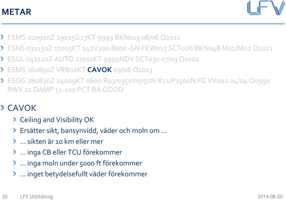 R21/P1500N FG VV002 04/04 Q0990 RWY 21 DAMP 51-100 PCT BA GOOD CAVOK Ceiling and Visibility OK Ersätter sikt, bansynvidd, väder och