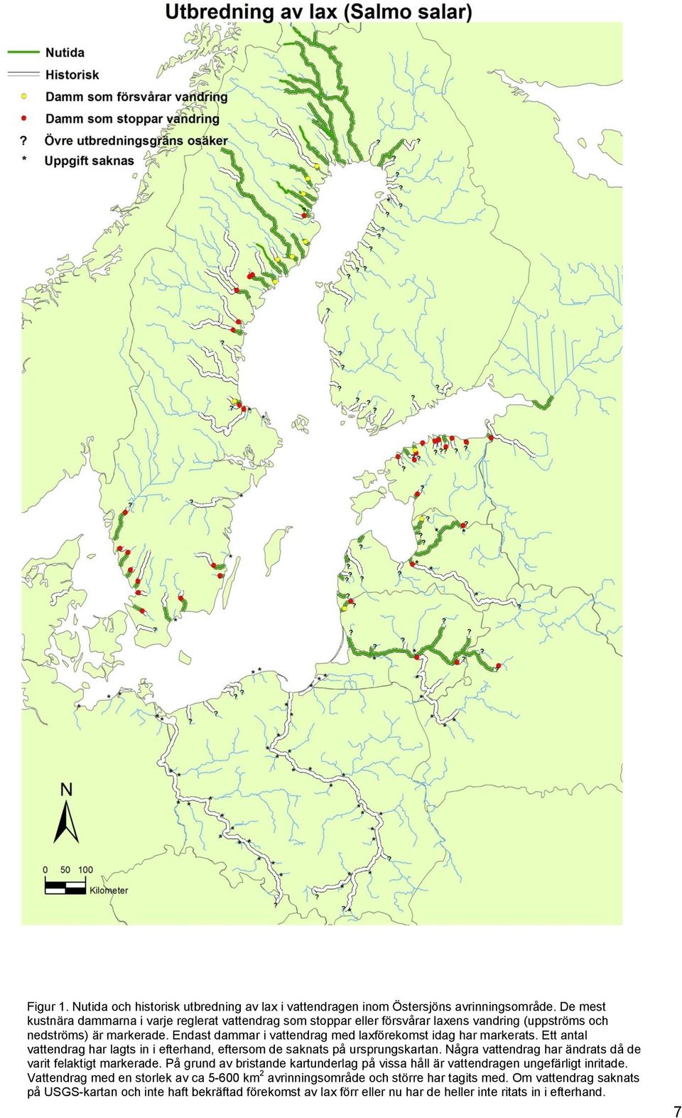 Endast dammar i vattendrag med laxförekomst idag har markerats. Ett antal vattendrag har lagts in i efterhand, eftersom de saknats på ursprungskartan.