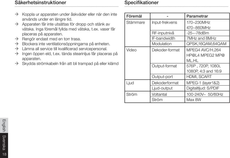 Skydda strömkabeln från att bli trampad på eller klämd Specifikationer Föremål - Parametrar Stämmare Video Ljud Ström Input-frekvens RF-inputnivå IF-bandwidth Modulation Dekoder-format Output-format