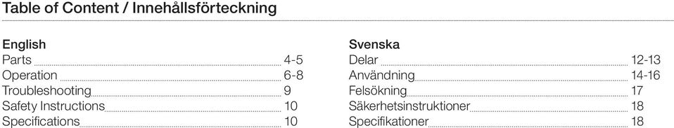 10 Specifications 10 Svenska Delar 12-13 Användning