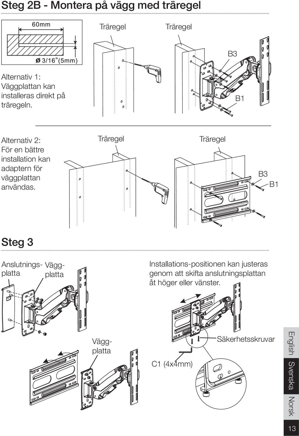 Alternativ 2: För en bättre installation kan adaptern för väggplattan användas.