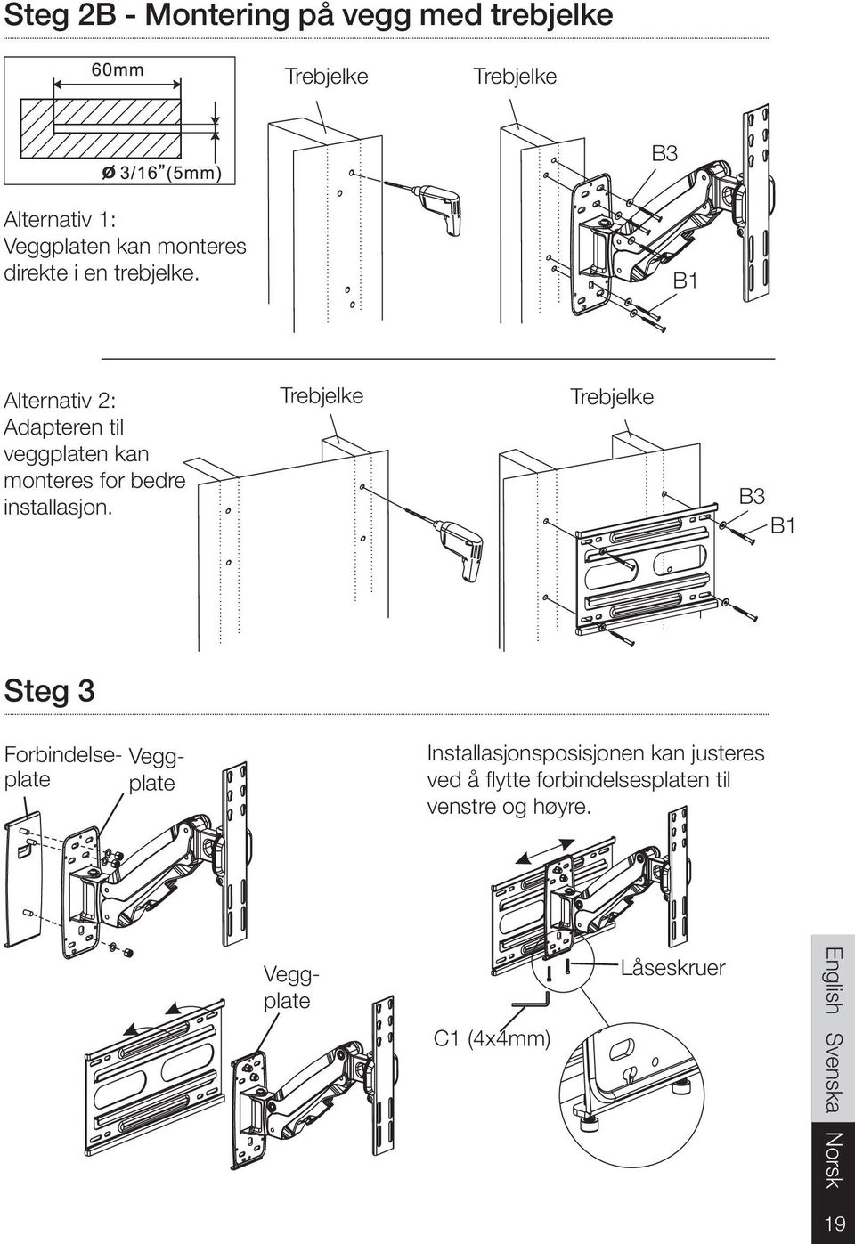 Alternativ 2: Adapteren til veggplaten kan monteres for bedre installasjon.