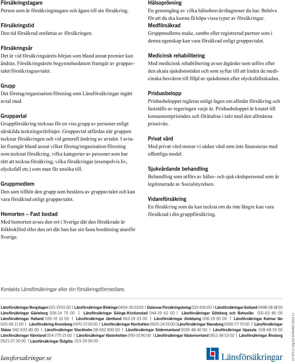 Grupp Det företag/organisation/förening som Länsförsäkringar ingått avtal med. Gruppavtal Gruppförsäkring tecknas för en viss grupp av personer enligt särskilda teckningsriktlinjer.