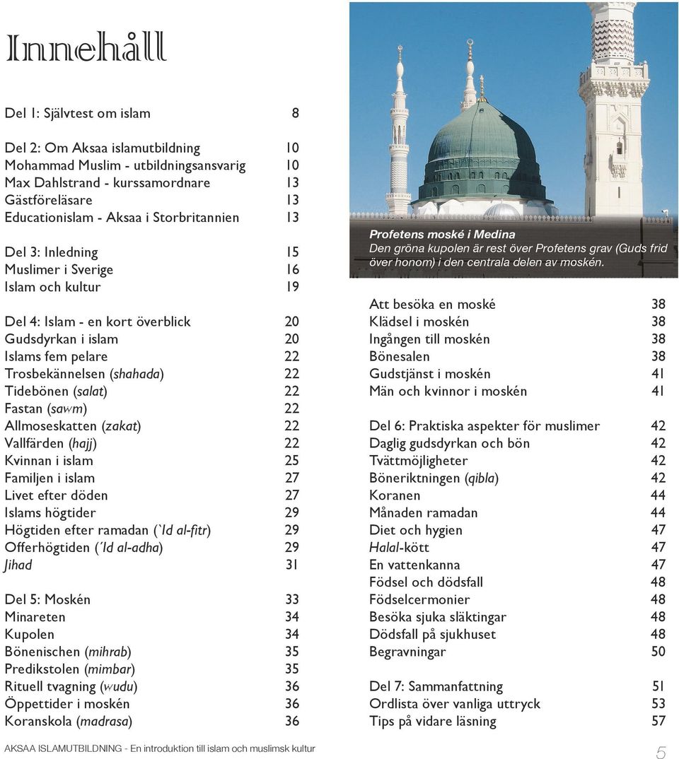 (salat) 22 Fastan (sawm) 22 Allmoseskatten (zakat) 22 Vallfärden (hajj) 22 Kvinnan i islam 25 Familjen i islam 27 Livet efter döden 27 Islams högtider 29 Högtiden efter ramadan (`Id al-fitr) 29