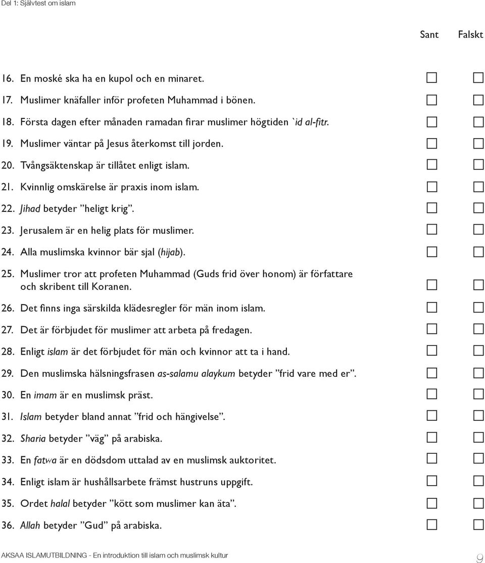 Kvinnlig omskärelse är praxis inom islam. 22. Jihad betyder heligt krig. 23. Jerusalem är en helig plats för muslimer. 24. Alla muslimska kvinnor bär sjal (hijab). 25.