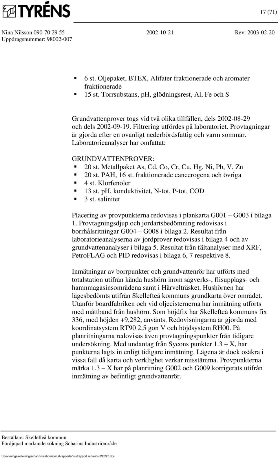 Provtagningar är gjorda efter en ovanligt nederbördsfattig och varm sommar. Laboratorieanalyser har omfattat: GRUNDVATTENPROVER: 20 st. Metallpaket As, Cd, Co, Cr, Cu, Hg, Ni, Pb, V, Zn 20 st.