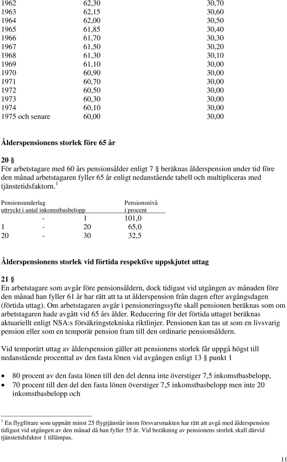 arbetstagaren fyller 65 år enligt nedanstående tabell och multipliceras med tjänstetidsfaktorn.