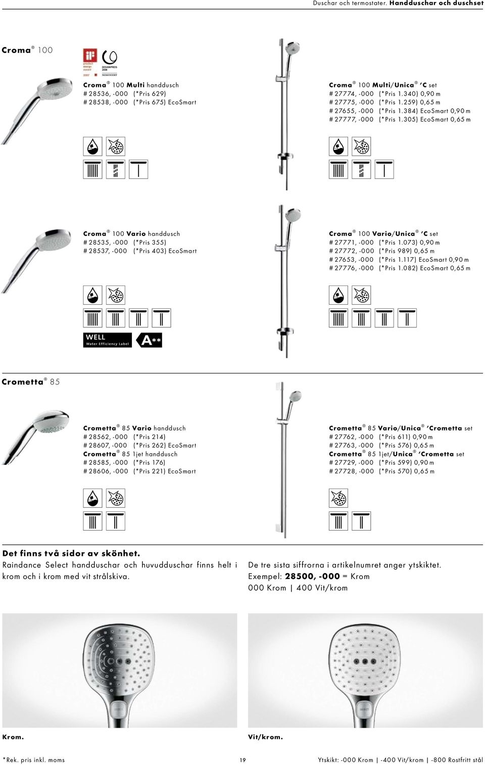 305) EcoSmart 0,65 m Croma 100 Vario handdusch # 28535, -000 (*Pris 355) # 28537, -000 (*Pris 403) EcoSmart Croma 100 Vario/Unica C s e t # 27771, -000 (*Pris 1.